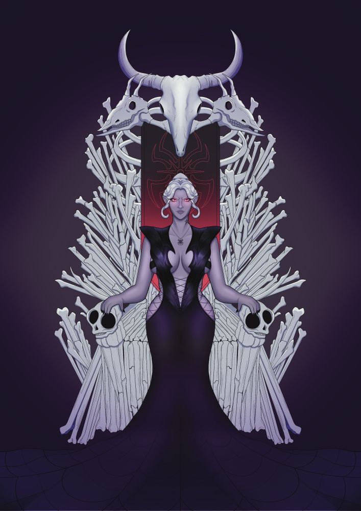 minthara (from baldurs gate 3) sits on a throne made of bones, her hands placed on skulls as armrests. She wears a floor length gown, which the top half is inspired by her in game camp clothes, and a spider web pattern on the skirt. at the top of the throne sits a stags head skull which holds up a dark red and black banner with the symbol of Lolth on it.