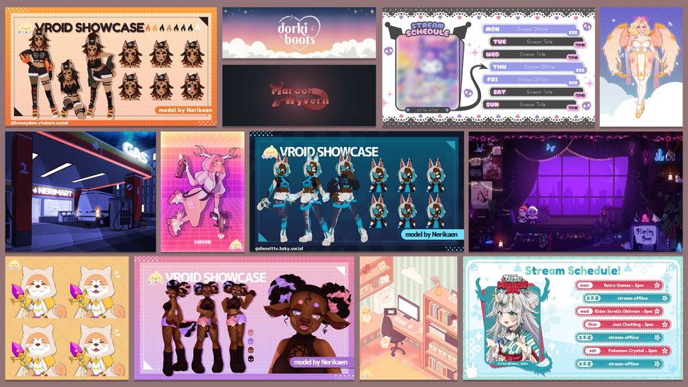 collage of different comms by neri including vroid models, illustrations, backgrounds and stream assets like schedules and overlays