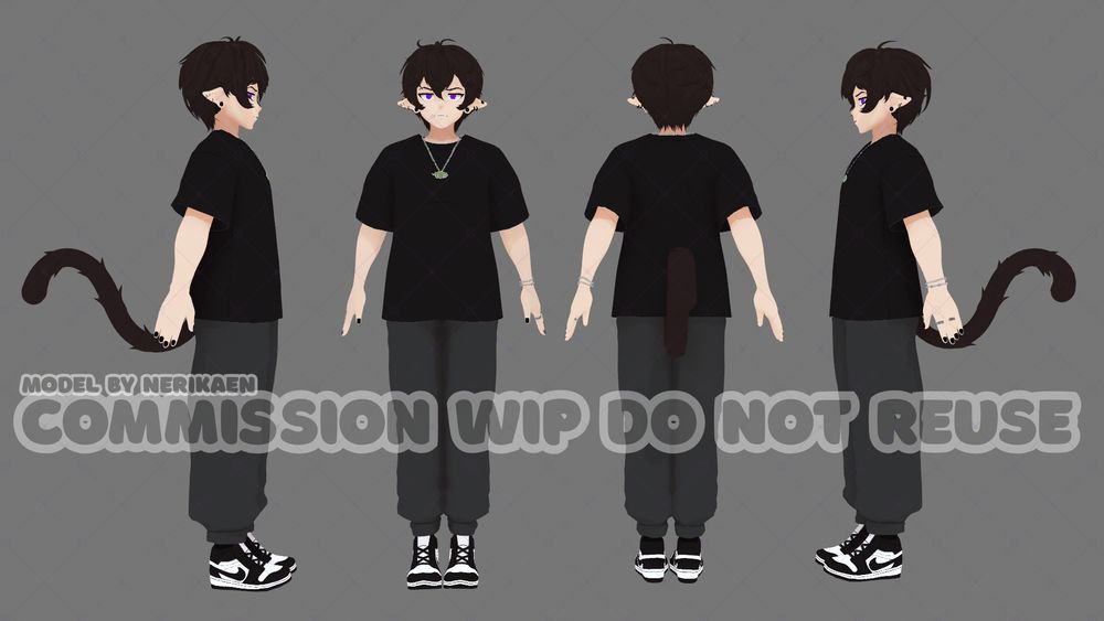 a white man with pointy ears and a monkey tail. he has short fluffy brown hair and purple eyes. He wears a plain black tshirt and jogging bottoms, with white and black nike shoes