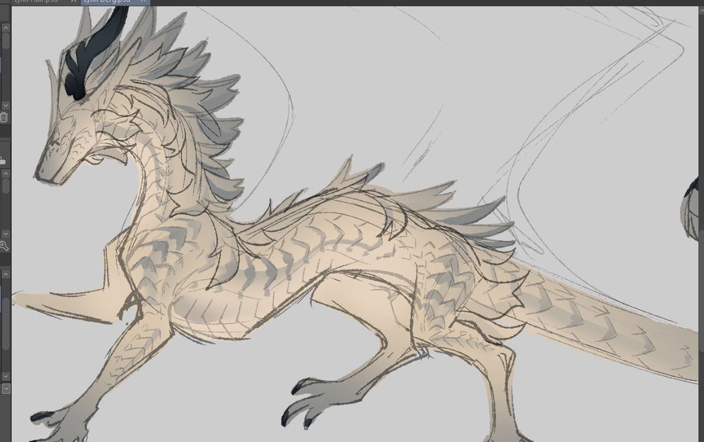 Wip sketch of a cream and gray dragon design.