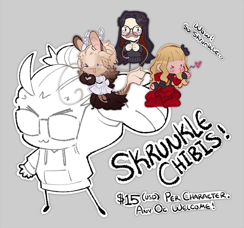 Art commission ad featuring a crudely drawn image of myself holding up a few skrunkly drawn ocs from past projects.
