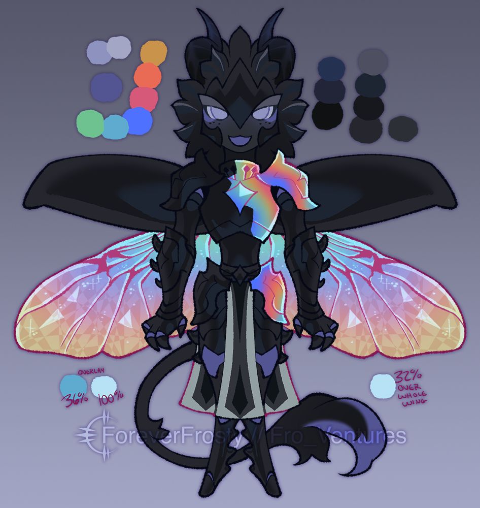Reference of a black obsidian beetle knight with bismuth pop of color on the armor and wings.