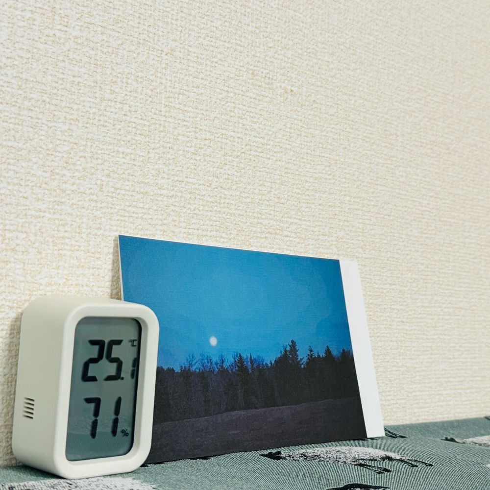 無印良品の温湿度計とJulian Opieのポストカード