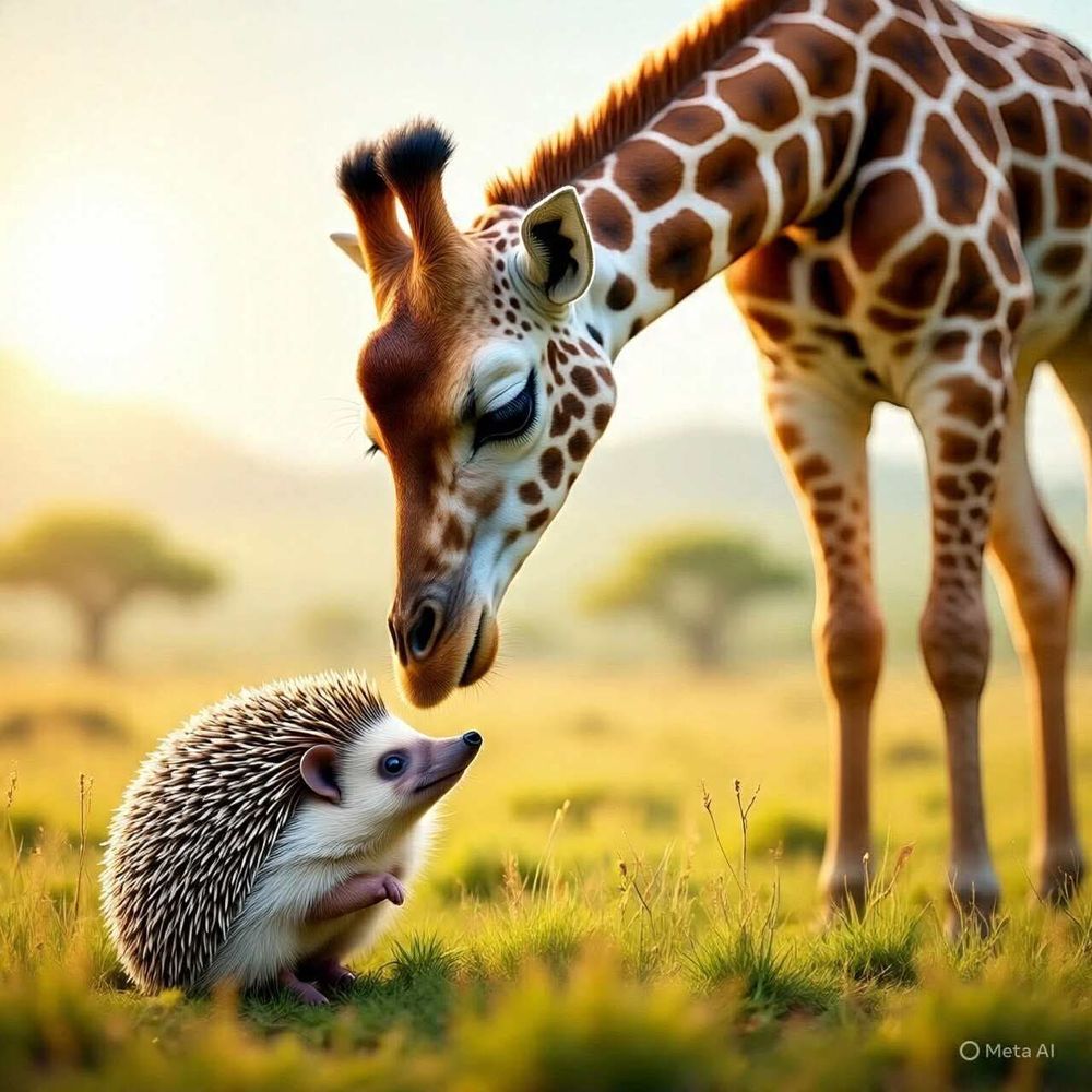 A giraffe sniffing a hedgehog, out on the Savannah near midday.