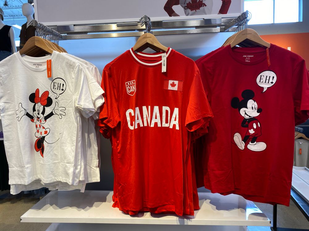 Mickey Mouse and Minnie Mouse T-shirts, modified by maple leaves and with each character saying “Eh!” It’s just as awful as it sounds. 