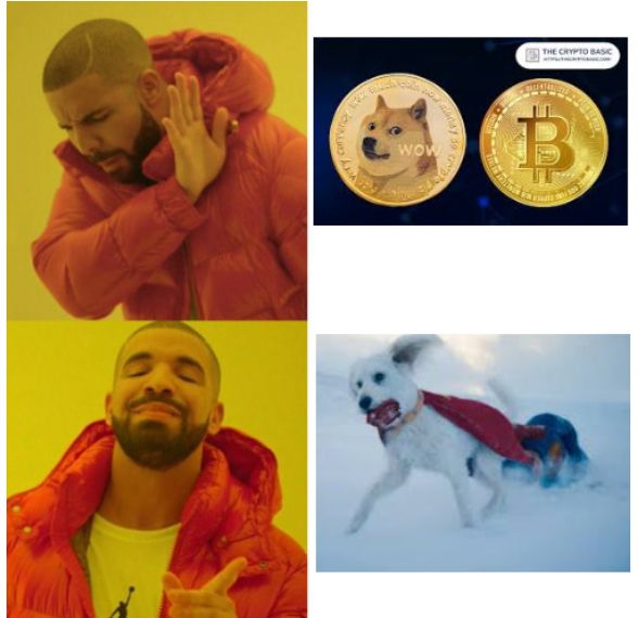 Drake meme.  He's against Crypto, as depicted by images of Dogecoin and Bitcoing, and for Krypto, the Superdog, from the new Superman trailer.