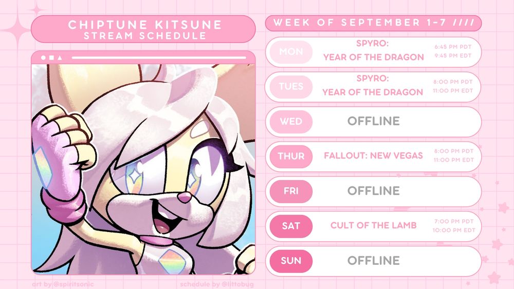 Chiptune Kitsune’s stream schedule for September 1st through September 7th. The image displays the schedule to the right and a commissioned illustration by @spiritsonic of a fennec mobian to the left.