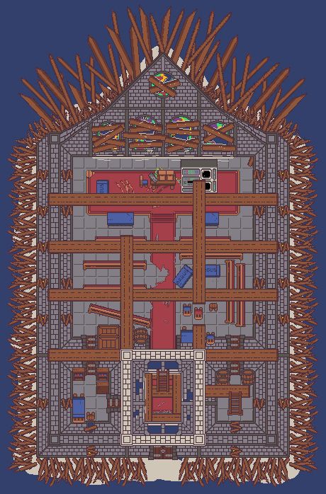 third level of a church fortified against a zombie outbreak. pixel art map, top down design for Dungeons and Dragons gameplay. features crows nest in old bell tower. 