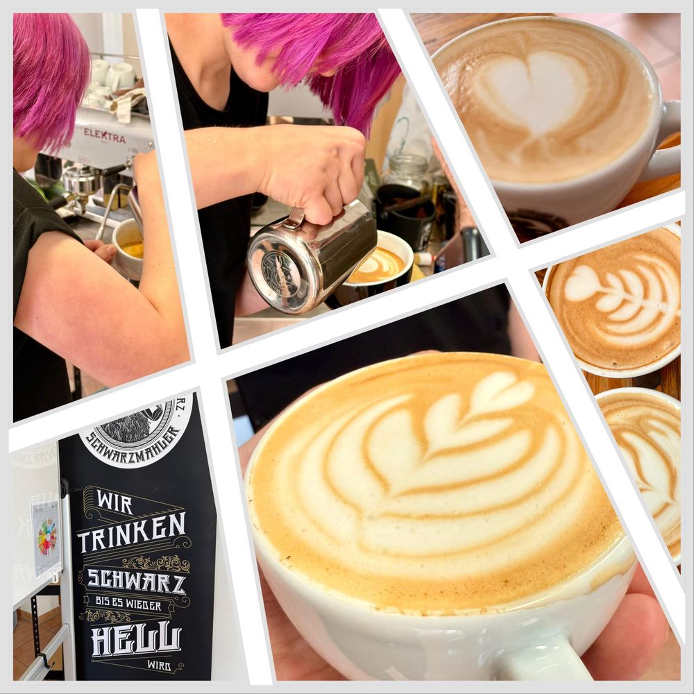A barista with pink hair is preparing coffee drinks, showcasing latte art in multiple cups. The images include close-ups of beautifully crafted coffee designs, featuring hearts and leaves. A chalkboard with text in German is visible, promoting coffee enjoyment.

Ein Barista mit rosa Haaren bereitet Kaffeegetränke zu und präsentiert Latte-Kunst in mehreren Tassen. Die Bilder enthalten Nahaufnahmen von wunderschön gestalteten Kaffeedesigns mit Herzen und Blättern. Eine Tafel mit Text auf Deutsch ist sichtbar, die den Kaffeegenuss fördert.