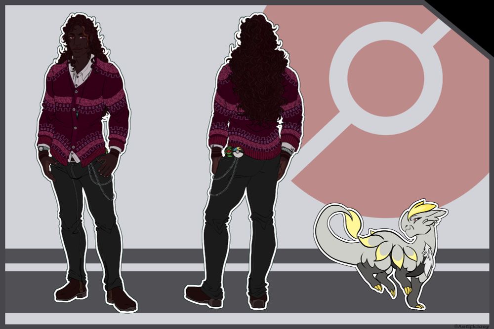 A reference image for the OC known as Auberon Dechiel in the Pokemon Rapture AU. He is a black man with wine colored eyes, and dark curly hair that has a streak of apricot in it. He has dark tattoos on either wrist that are barely visible beneath his clothes. He is wearing a dark pink cardigan with floral and Pokeball patterns, a button down shirt beneath it, and black slacks with dark brown loafers. He has two Pokeballs on a chain attached to his belt. To his right is his partner Pokemon, Argente the Jangmo-o. 