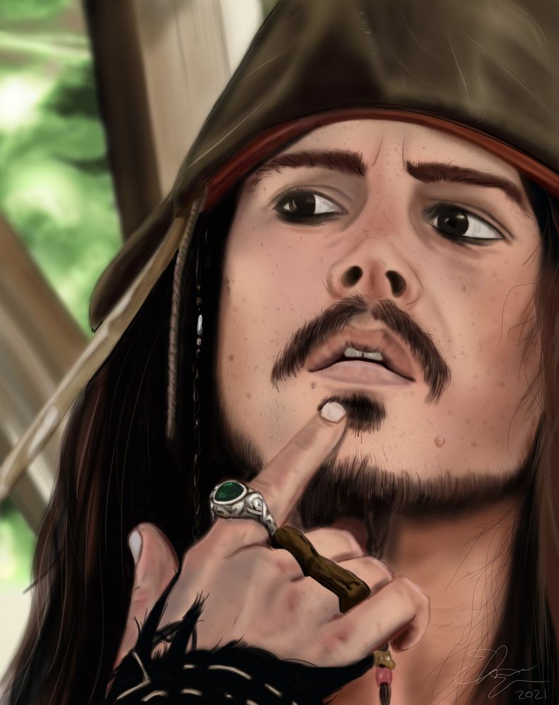 A digital portrait of Jack sparrow with his finger pressed against his chin in a pensive expression.