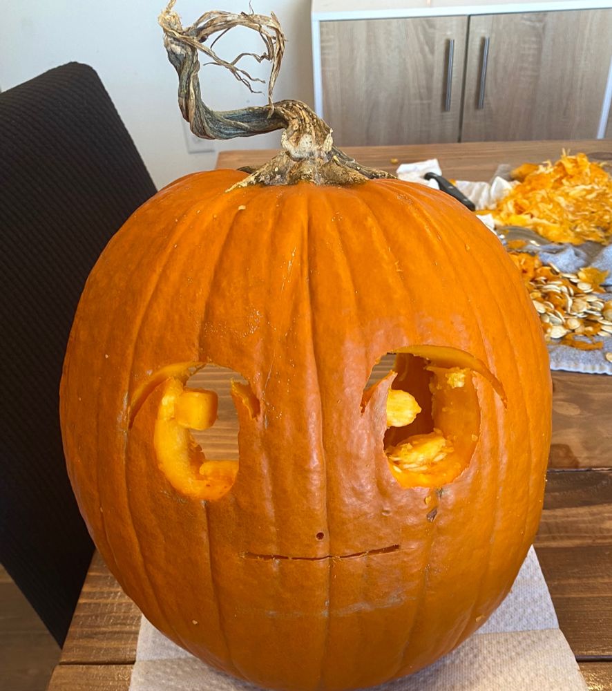 A pumpkin carved to have the face of Kaguya Houraison from Touhou Project
