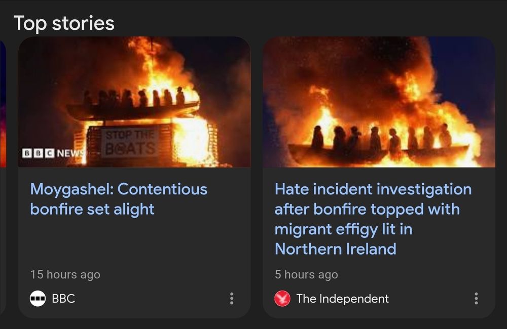 A screen capture of two news articles about the Moygaschel bonfire burning an effigy of immigrants in a boat. Both articles feature a photo of the burning effigy atop the bonfire. On the left the BBC News article uses the headline "Moygaschel: Contentious bonfire set alight", whilst on the right the Independent uses the headline "Hate incident investigation after bonfire topped with migrants effigy lit in Northern Ireland"