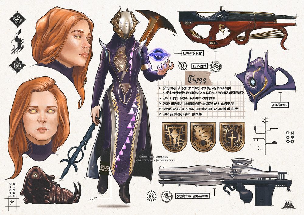 Tess 
— spends a lot of time studying pyramids and has preserved (stolen) a lot of pyramid artifacts 
— has a pet worm named Chonker 
— calls herself Lightbearer instead of Guardian 
— takes care of a new Lightbearer of alien origins 
— half Awoken, half human 