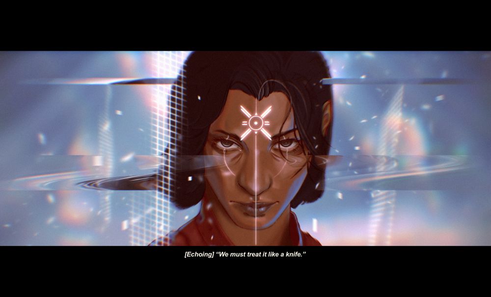 A sketchy portrait of Maya Sundaresh. Text reads: [Echoing] “We must treat it like a knife.” 