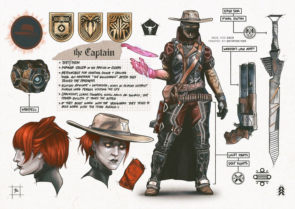 The Captain. 
They/them. 
Former jailer of the Prison of Elders. 
Responsible for hunting down and jailing their old fireteam “The Bullhorns” after they joined the Dredgens. 
Eliksni advocate and defender; stays in Eliksni District during long periods visiting the City. 
Crackshot; leans towards small arms or swords; the fewer bullets it takes the better. 
If they must work with the Vanguard they tend to only work with the Titan Averius-1. 