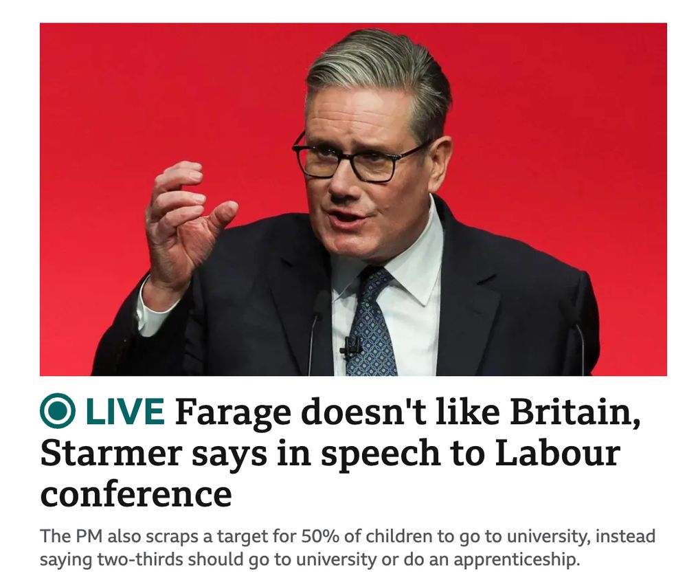 A picture from the BBC site of the ham-faced genocide-enabler, Sir Keir Starmer, with the headline "Farage doesn't like Britain, Starmer says in speech to Labour conference"