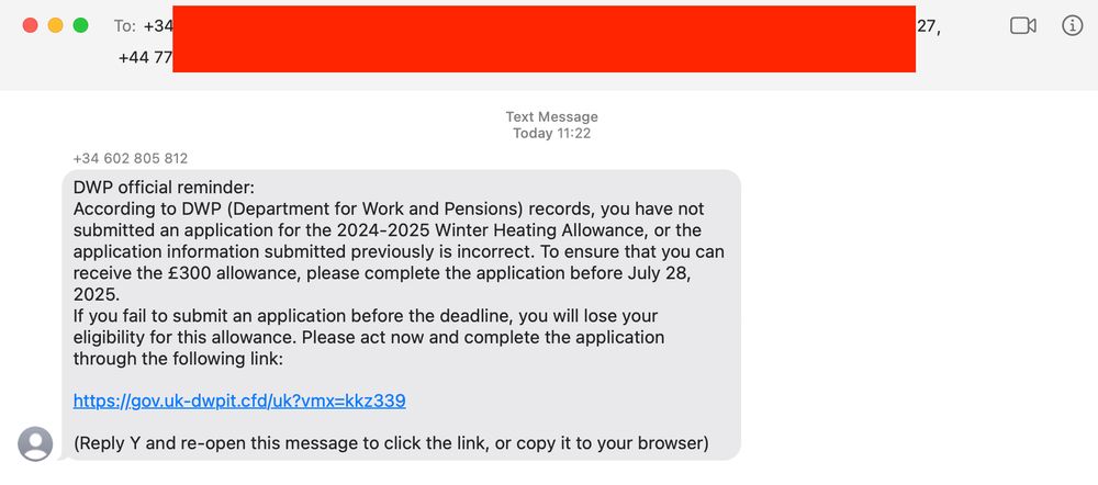spam, scam text message i received, claiming to be about Winter Fuel Payments trying to trick pensioners into clicking on a dodgy URL 