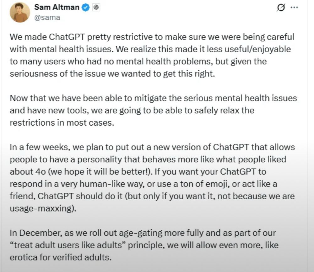Sam Altman tweet that is saying ChatGPT is creating an adult version allowing for erotica. 