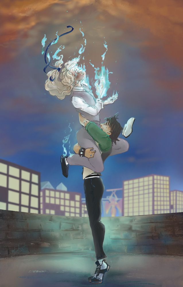 Two men. One is on fire, arcing up toward the sky like he is flying away. The other holds him to keep him on earth. 