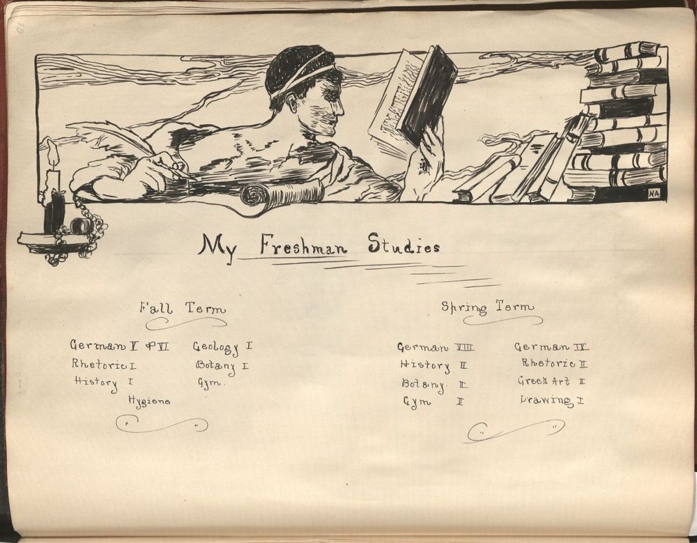 Nola Ayers’s freshman-year courses listed in her student scrapbook, circa 1906. Call Number: SB 71/99/8. 