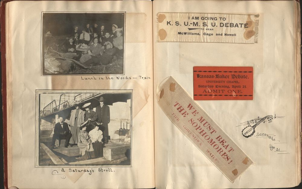 A two-page spread in Nola Ayers’s scrapbook, circa 1906. Call Number: SB 71/99/8.