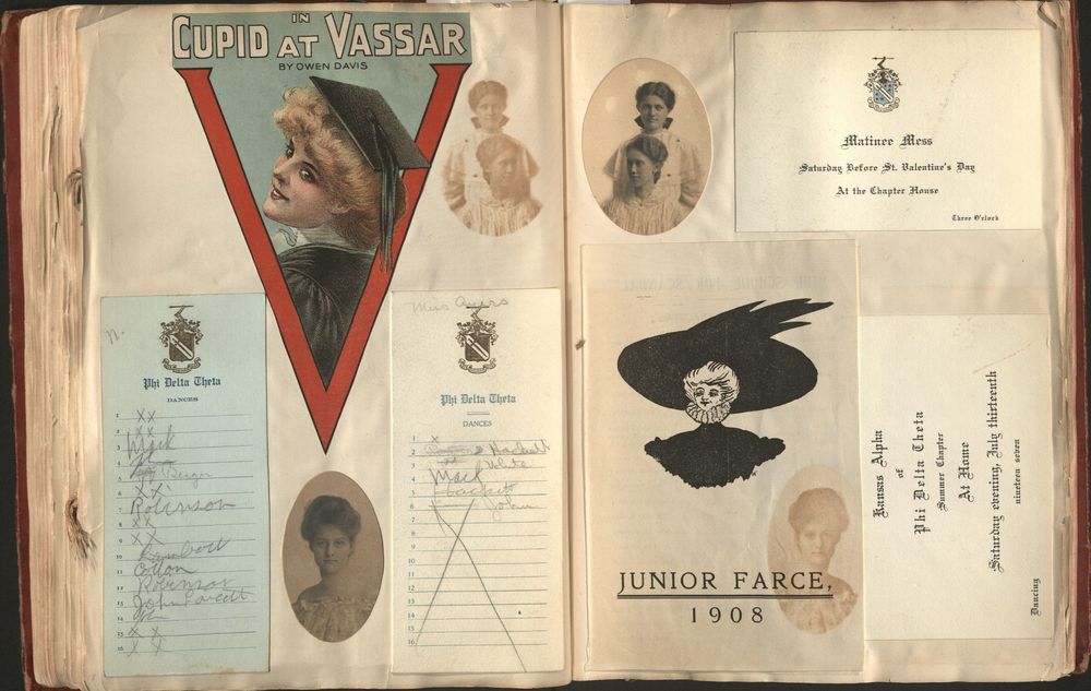 A page of invitations and dance cards in Nola Ayers’s KU student scrapbook, circa 1907-1908. Call Number: SB 71/99/8. 
