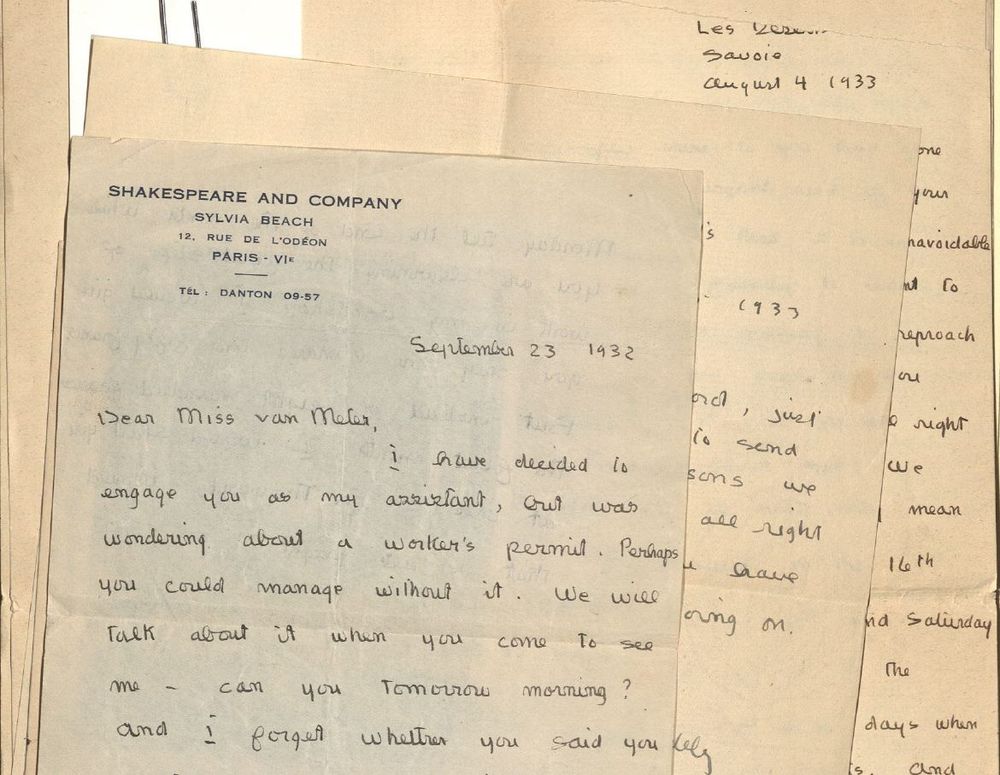 Letters from Sylvia Beach to Jane van Meter, including Beach’s September 23, 1923 letter hiring van Meter. Jane van Meter Collection. MS 383, Box 1, Folder 23.