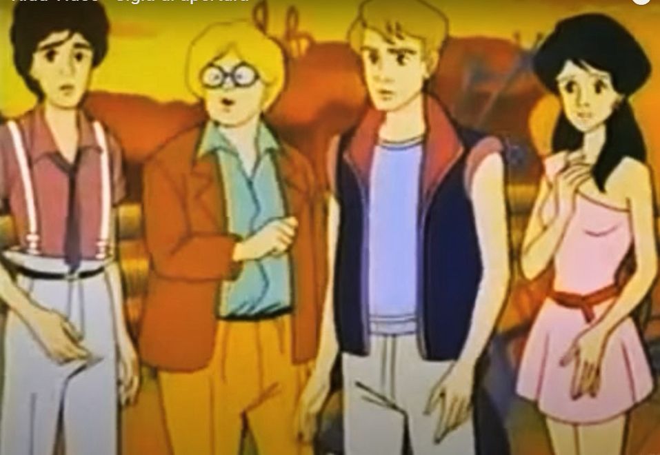 Four cartoon teens- three male one female, look at the camera. They are dressed in 1980’s style clothing, standing on a barren desert like landscape.