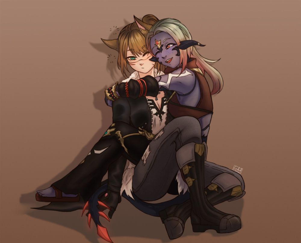 Commission artwork of a miqo'te and an au'ra from final fantasy xiv cuddling.