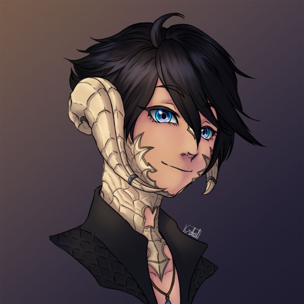 Commission artwork portrait of a Raen Au Ra, with black hair, blue eyes, and a smile in her face.