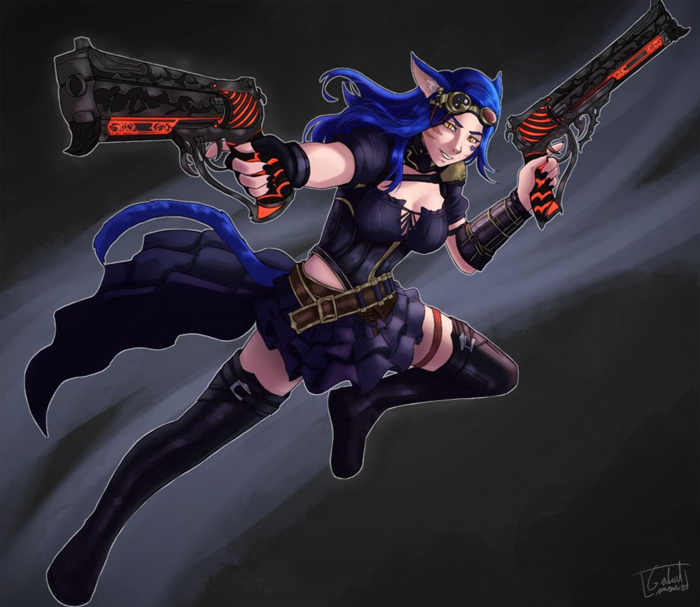 Artwork commission of a miqo'te from final fantasy xiv, dual wielding pistols 
