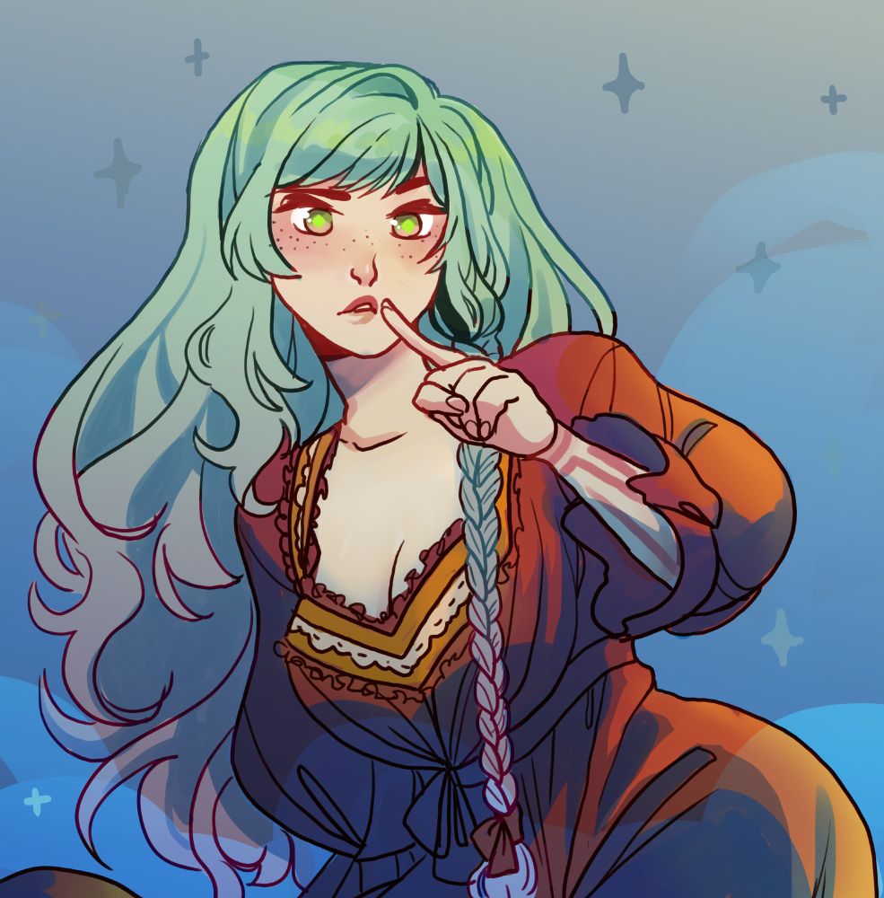 Green and pink haired girl in red dress shhhhhh someone offscreen