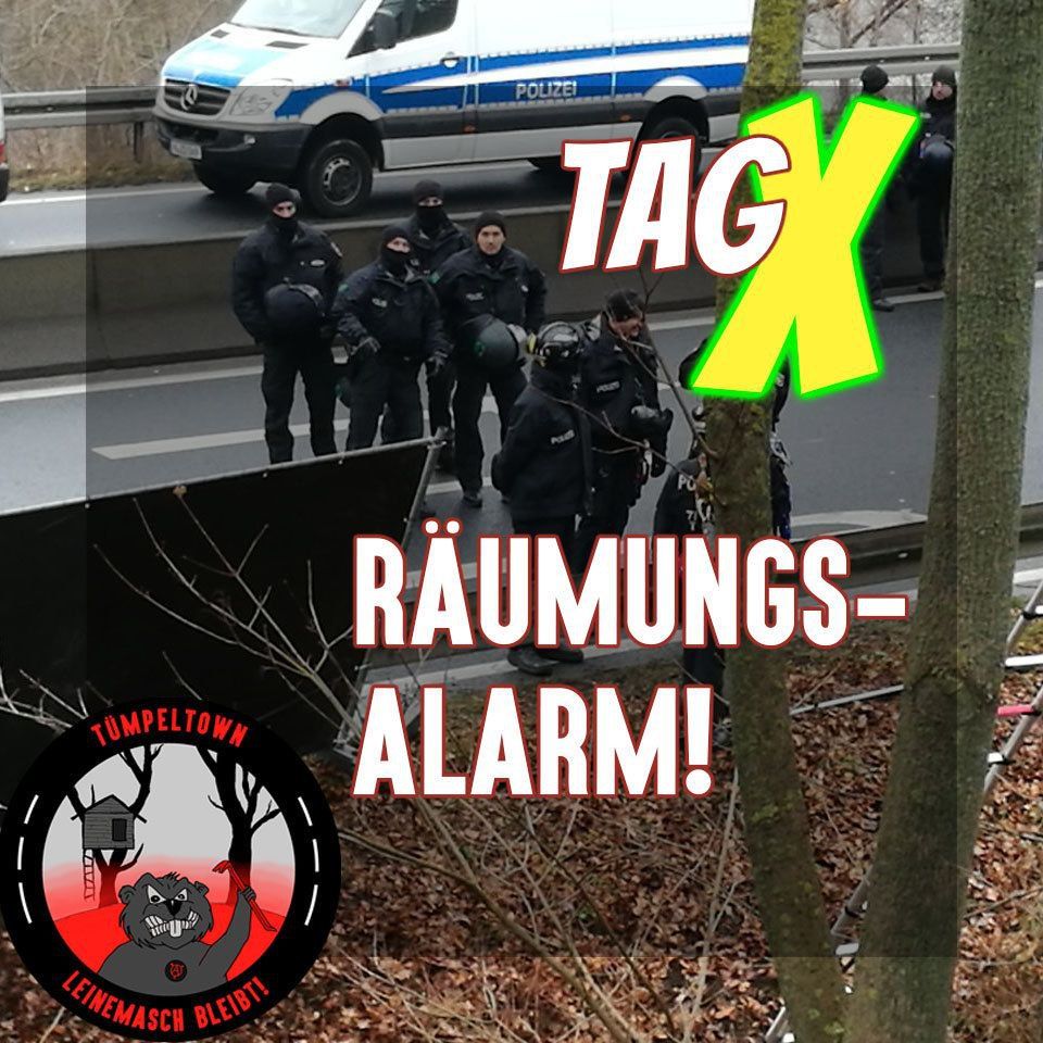 sharepic: im hintergrund cops auf dem südschnellweg bei der letzten räumung. text "Tag X .- Räumungsalarm" links unten das logo von Tümpeltown
