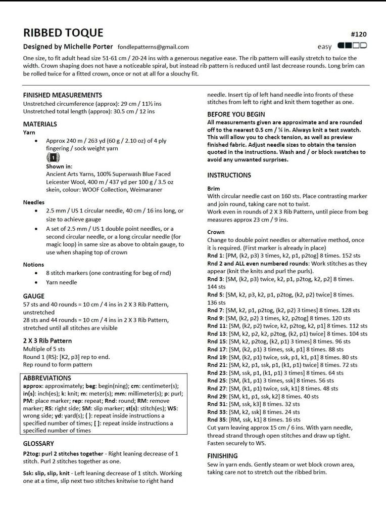 The 1 page pattern instructions written text. Ribbed Toque #120.