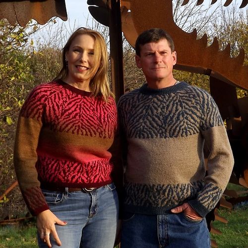 Me and Mark wearing sweaters with animal pattern on yoke and cuffs. Mine is Blue Brick MC with Estelle CC, Mark's is both Ancient Arts Lascaux fine