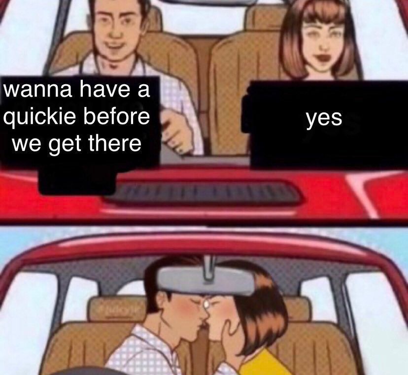 a meme, two people in a car heading somewhere, the man says “wanna have a quickie before we get there” and the women says “yes” then they start kissing