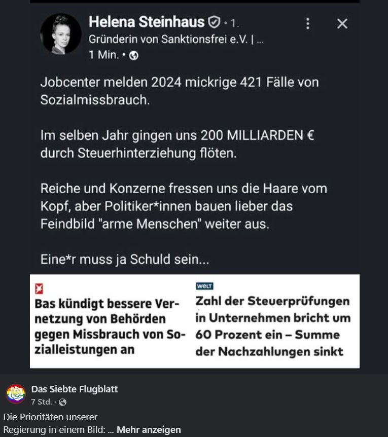 Screenshot eines Facebook-Posts von „Das Siebte Flugblatt“.
Oben ist ein Beitrag von Helena Steinhaus, Gründerin von Sanktionsfrei e.V., zu sehen. Neben ihrem Profilbild (schwarz-weißes Porträt) steht:

„Jobcenter melden 2024 mickrige 421 Fälle von Sozialmissbrauch.
Im selben Jahr gingen uns 200 MILLIARDEN € durch Steuerhinterziehung flöten.
Reiche und Konzerne fressen uns die Haare vom Kopf, aber Politikerinnen bauen lieber das Feindbild 'arme Menschen' weiter aus.
Einer muss ja Schuld sein…“

Darunter sind zwei Zeitungsausschnitte zu sehen:
Links aus der BILD: „Bas kündigt bessere Vernetzung von Behörden gegen Missbrauch von Sozialleistungen an“.
Rechts aus der WELT: „Zahl der Steuerprüfungen in Unternehmen bricht um 60 Prozent ein – Summe der Nachzahlungen sinkt“.

Unter dem Screenshot steht der Kommentar von Das Siebte Flugblatt:
„Die Prioritäten unserer Regierung in einem Bild: … Mehr anzeigen“.

Das Bild stellt den Kontrast zwischen der geringen Zahl von Sozialmissbrauchsfällen und dem massiven Ausmaß von Steuerhinterziehung dar und kritisiert die politische Schwerpunktsetzung auf die Verfolgung armer Menschen statt wohlhabender Steuerhinterzieher.