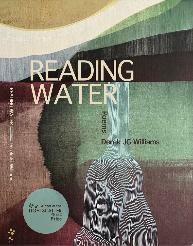 Cover of READING WATER, in aqua and green tones, with closely spaced parallel lines to indicate water. The image is a painting by British painter Louise Body.