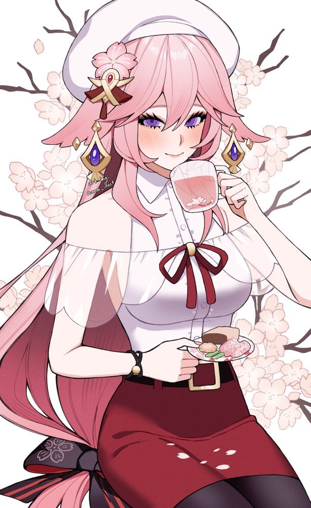 Yae Miko from genshin impact wearing a casual outfit enjoying some snacks while sitting down surrounded by cherry blossoms.