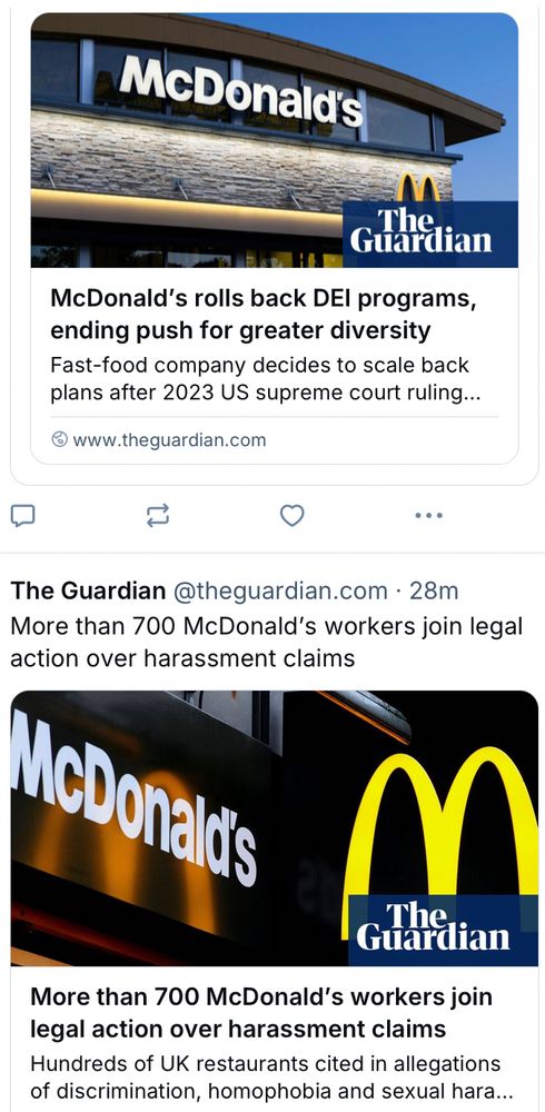 Screen shots of guardian articles related to McDonalds cutting back on edi initiatives while also facing legal action from employees