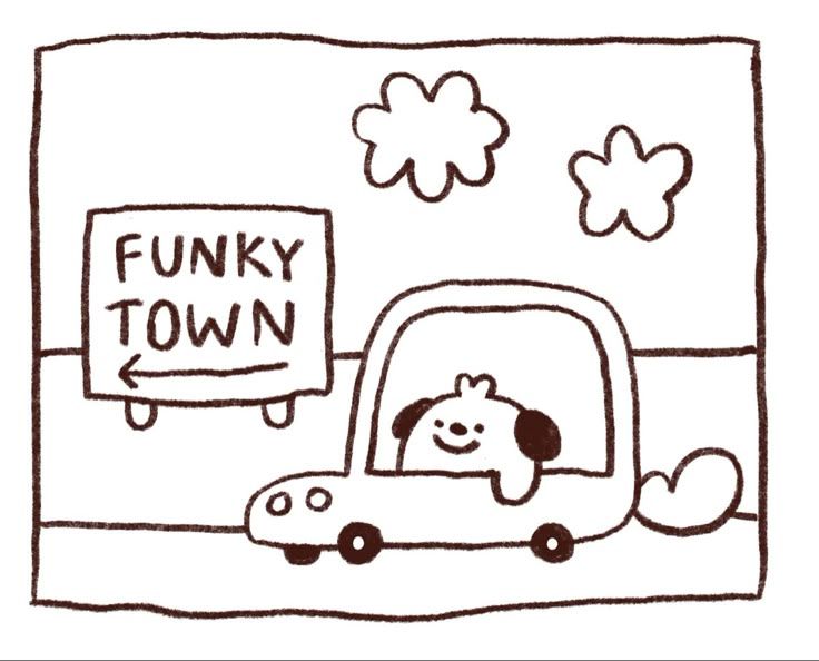 simple line drawing of momo in his car looking happy. a roadsign says 'funky town' with an arrow to where he is going. Theres some clouds in the air but the drawing is very minimal