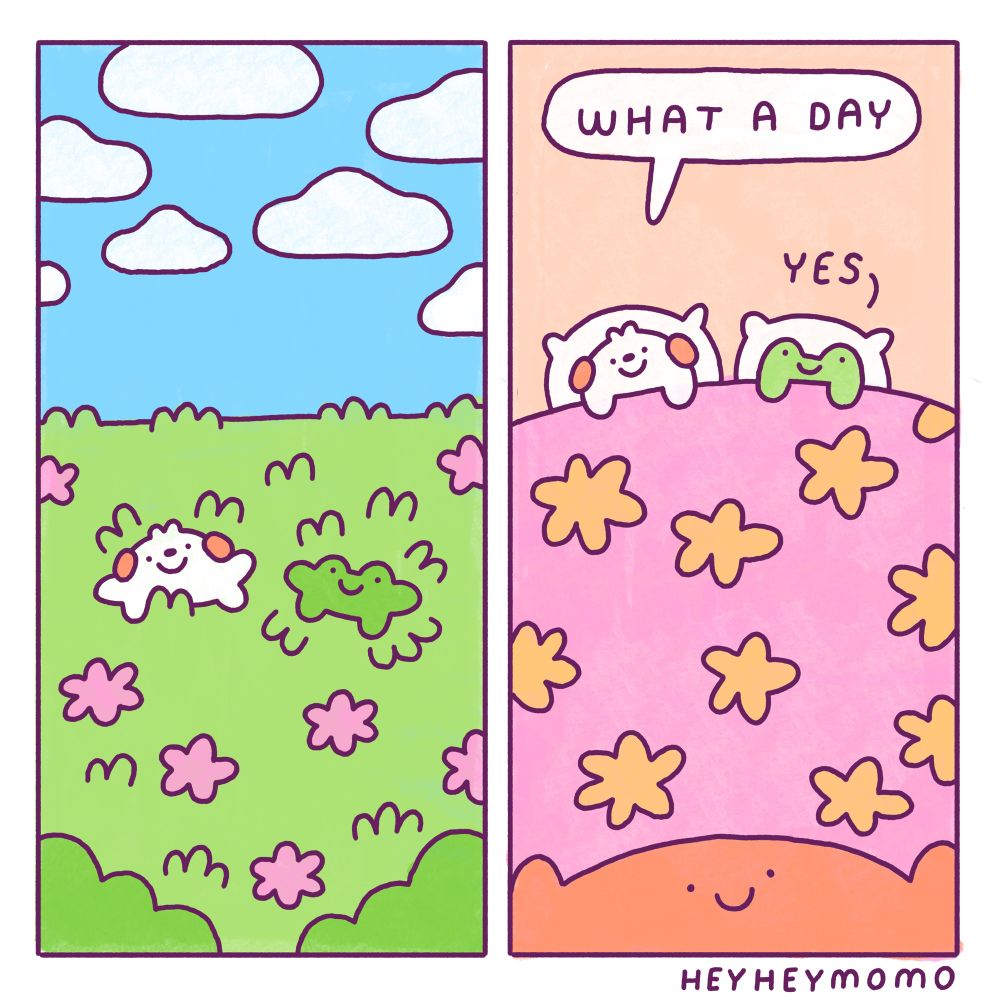 Two large vertical panels. In the first panel momo and forg are lying in the grass surrounded by a blue cloudy sky and pink flowers. In the second panel they are in bed under a blanket with a yellow flower pattern. Momo says “what a day”. Forg just says “yes”