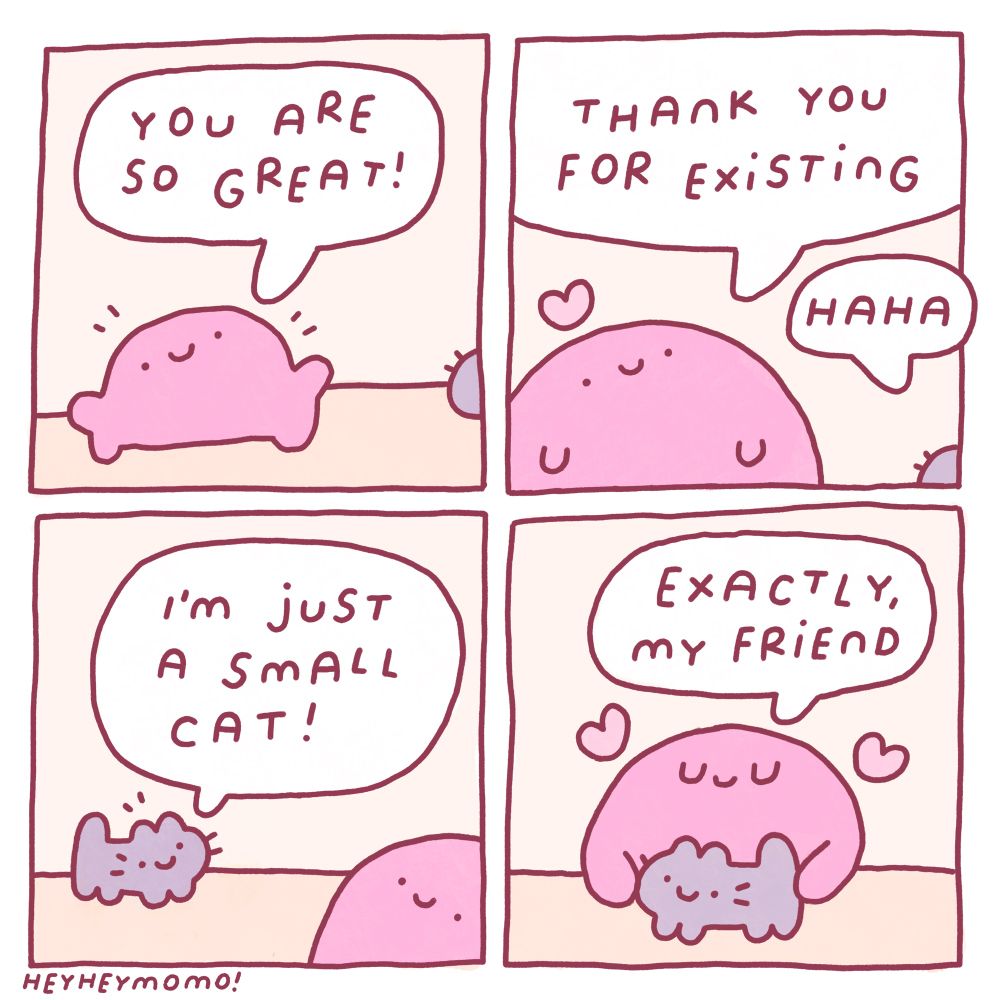Same comic but now the little dog is a little grey cat