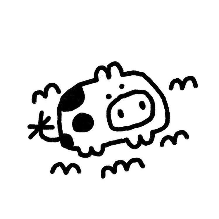 Black and white doodle of a cow. Simple drawing very thick black lines. Some lines around it to indicate grass