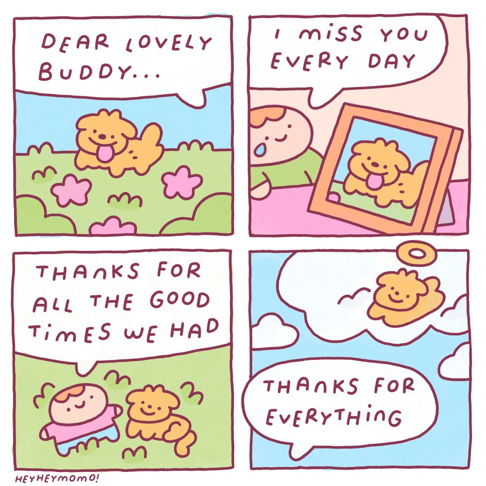 4 panel comic:
Panel 1: a little yellow dog with his tongue out being happy in the grass. Outside of the panel someone says “dear lovely Buddy”
Panel 2: we see now that the person talking is me, the creator of this comic. Buddy is now in a photo frame on my desk. I look at him and let a little tear flow on my cheek. I say “I miss you every day”
Panel 3: me and Buddy chilling in the grass like we often used to do. I tell him “thanks for all the good times we had”
Panel 4: Buddy is now up in the clouds sporting a little halo. From down below I tell him “thanks for everything” 