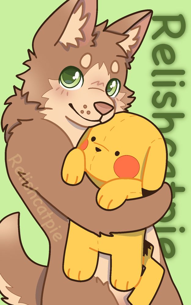 A half body drawing of an anthro shiba inu with light brown and cream fur. He has jade green eyes and a pink nose. He is hugging a stuffed animal of the Pokemon Pikachu