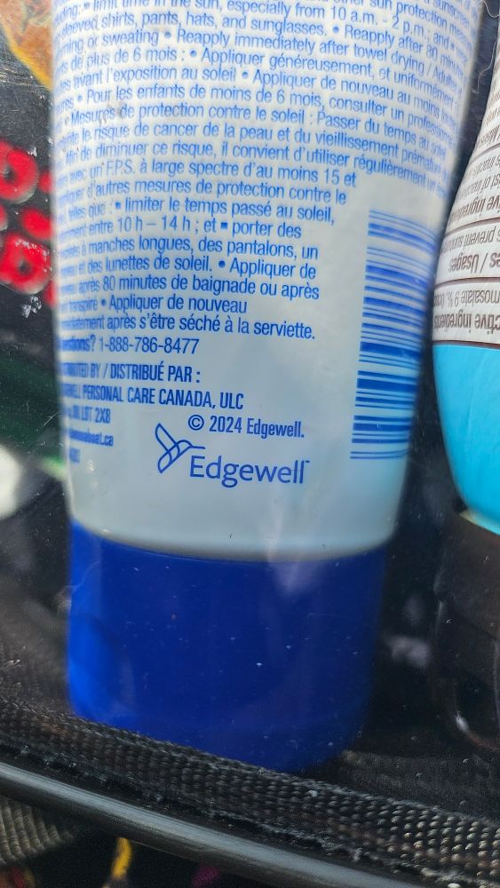 Sunblock ingredient list has logo that says edgewell 