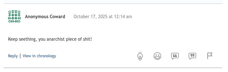Comment reads: "Keep seething, you anarchist piece of shit!"