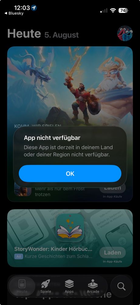 “App nicht verfügbar” Dialog im App Store 